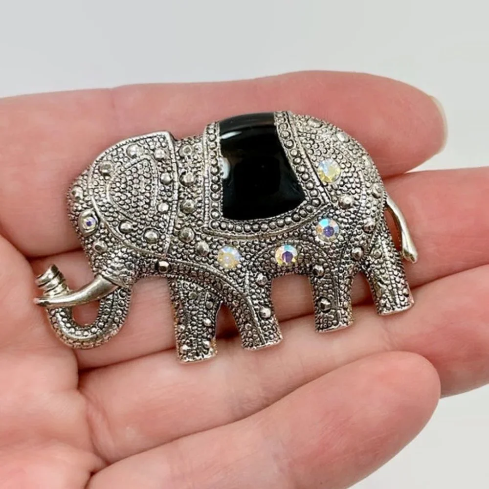 Elephant Brooch, Silver, Rhinestone, Lucky, Trunk Up, Vintage Pin, Enamel, Black